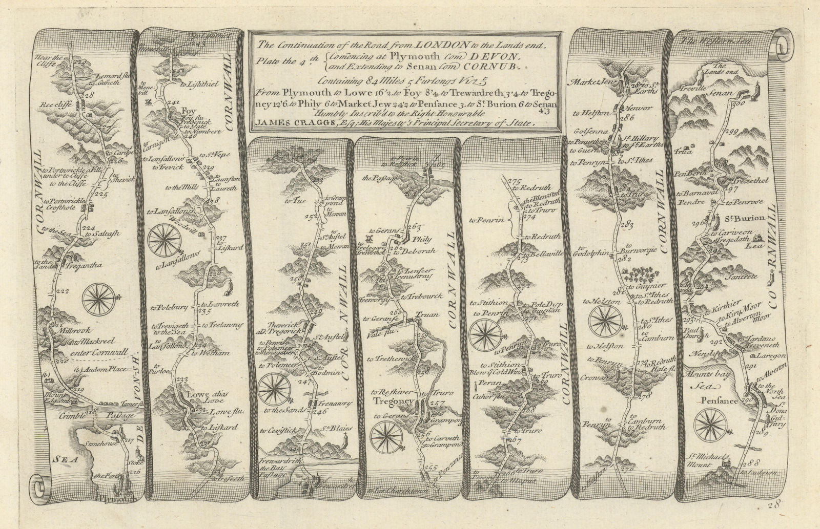 Plymouth - Looe - Fowey - Penzance -Lands End. GARDNER road map #28 1719